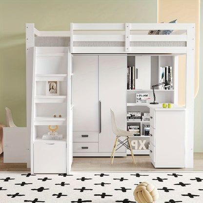 Hoogslaper – Stapelbed – Bedbank – Kinderbed – Eenpersoonsbed – Met Bureau en Opbergruimte – Stevig Wit Frame – 200 cm Hoog