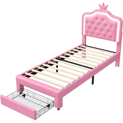 Bedframe – Gestoffeerd Bed – Eenpersoonsbed – Bed met Opbergruimte – Bed met Lattenbodem – 90x200 cm – LED Verlichting – Verstelbaar Hoofdbord