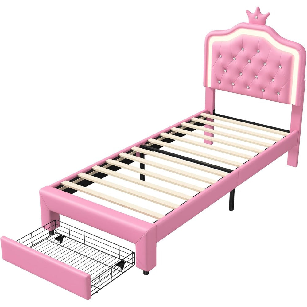 Eenpersoonsbed – Single Bed – Bedframe – Led Bed – Opbergbed – Roze PU-Leder – Verstelbaar Hoofdbord – LED-Verlichting met Afstandsbediening