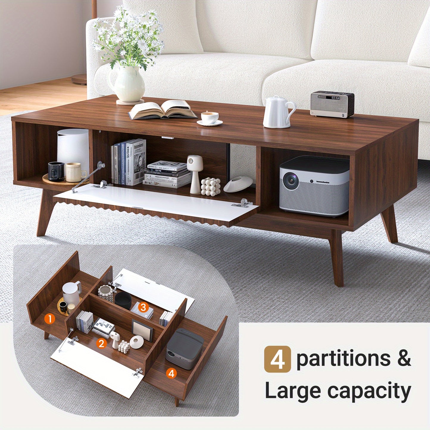 Salontafel – Woonkamertafel – Koffietafel – Tafel met Opbergruimte – Mid-Century Tafel – Notenhout Design – 2 Lades & 2 Open Vakken – Stevig MDF Metalen Poten