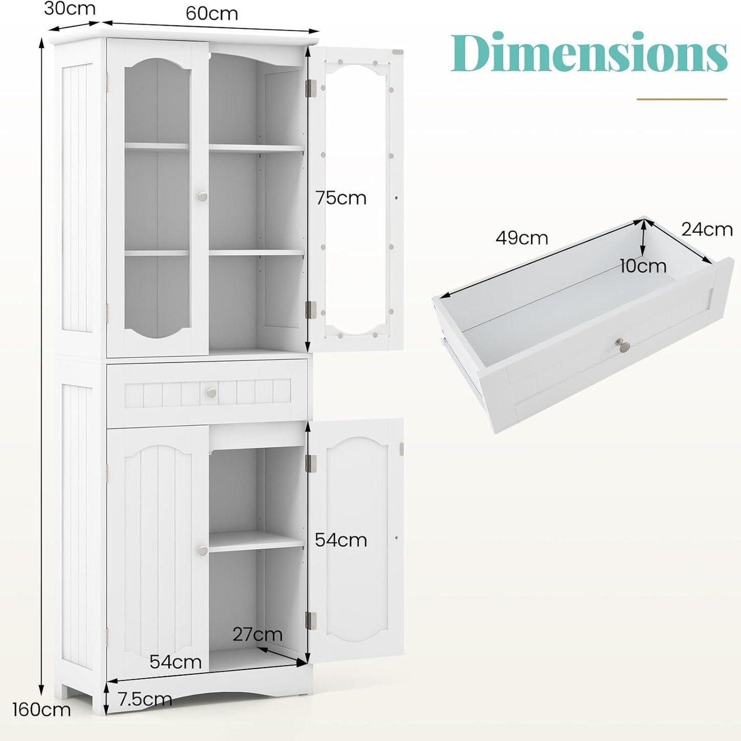 Badkamerkast – Opbergkast – Kastje – Badkamermeubel – Waskast – Wit – 2 Tempered Glasdeuren – Kantelbeveiliging