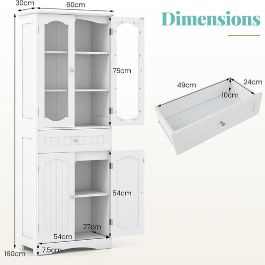 Badkamerkast – Opbergkast – Kastje – Badkamermeubel – Waskast – Wit – 2 Tempered Glasdeuren – Kantelbeveiliging