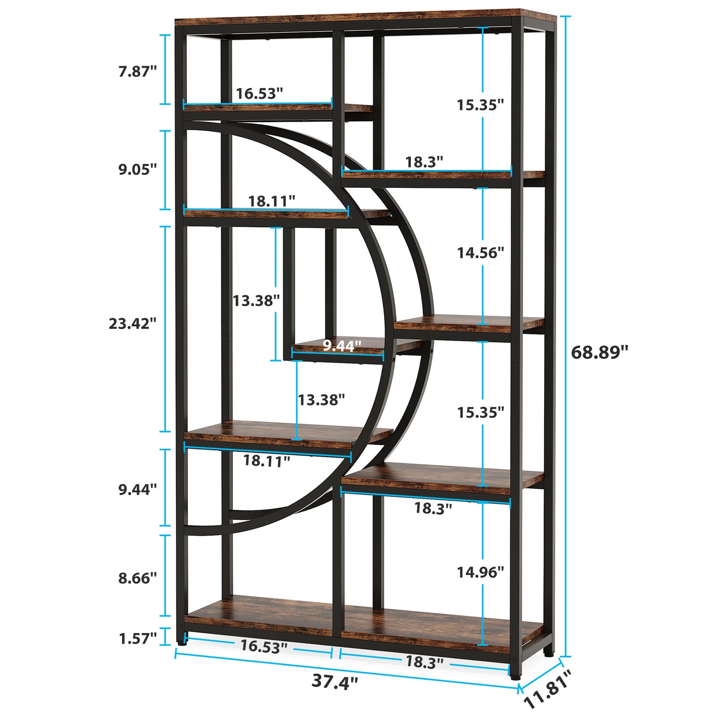 5-Tier Industrial Bookcase with 9 Open Shelves - Heavy-Duty Wood & Metal Freestanding Storage Shelf, Rustic Brown/Black Modern Bookshelf for Home Office,, Bedroom - Easy Assembly, Space-Saving Tall Bookcase (68.58cm+ Height)