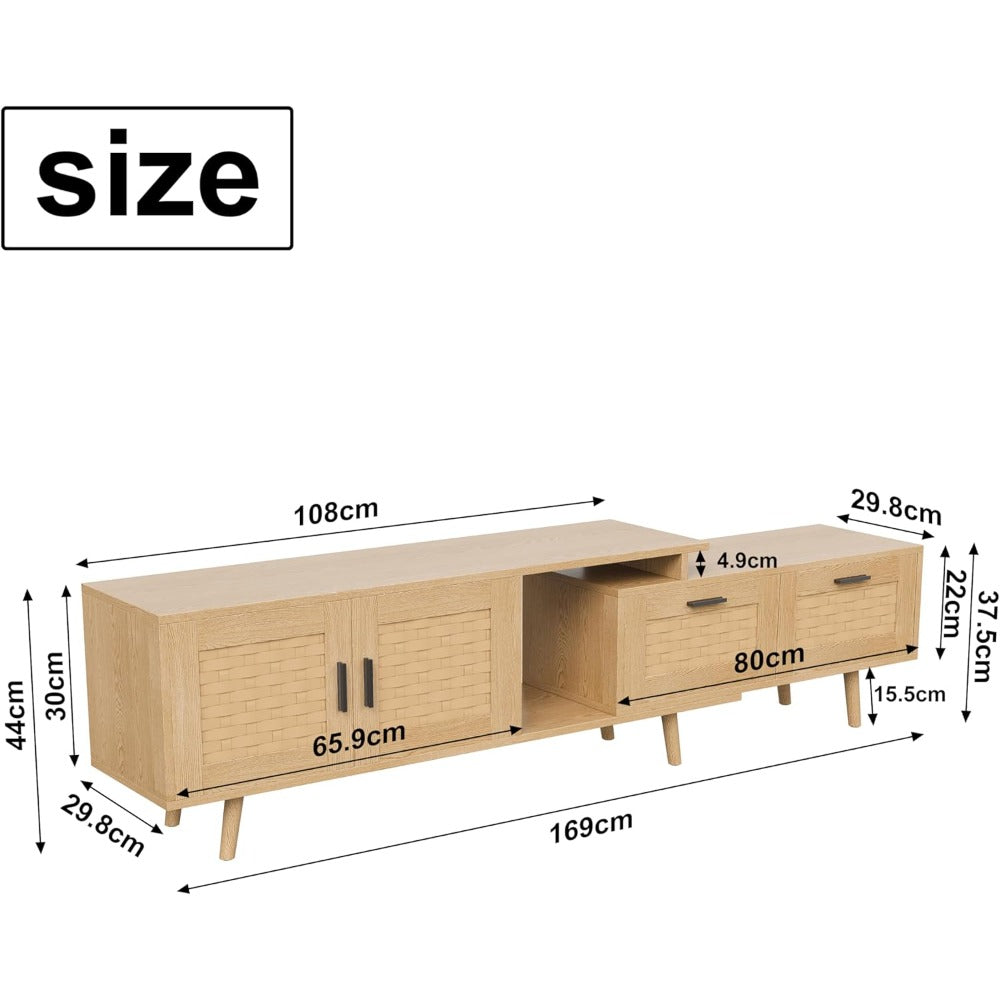 tv-meubel – tv-kast – dressoir – mediameubel – wandmeubel – Mid-Century Modern Design – Natuurlijke Rattan Accenten – 146x30x44 cm – MDF Hout