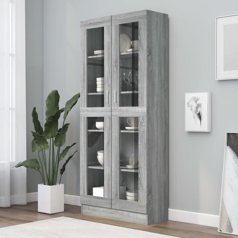 Vitrinekast – Vitrine – Glazen Kast – Opbergkast – Boekenkast – Modern Grijs – Smal Hoog – Houtconstructie – Ruimtebesparend Verticaal Design