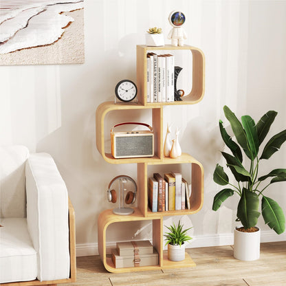 S-Shaped Bookshelf, Bamboo Cube Shelf, Geometric Decorative Shelf for Living Room, Study, Office