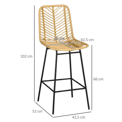2Er Set Barhocker Mit Lehne Barstühle Im Boho-Design, Pe-Rattan, Inkl. Fußtstütze, 42.5 Cm X 52 Cm X 102 Cm, Gelb + Schwarz