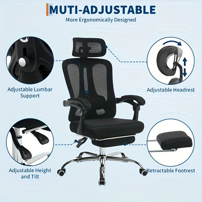 Bureaustoel – Ergonomische Stoel – Kantoorstoel – Office Chair – Draaistoel – Memory Foam Zitting – Verstelbare Lendensteun & Inklapbare Voetsteun – Metalen Frame – Zwart