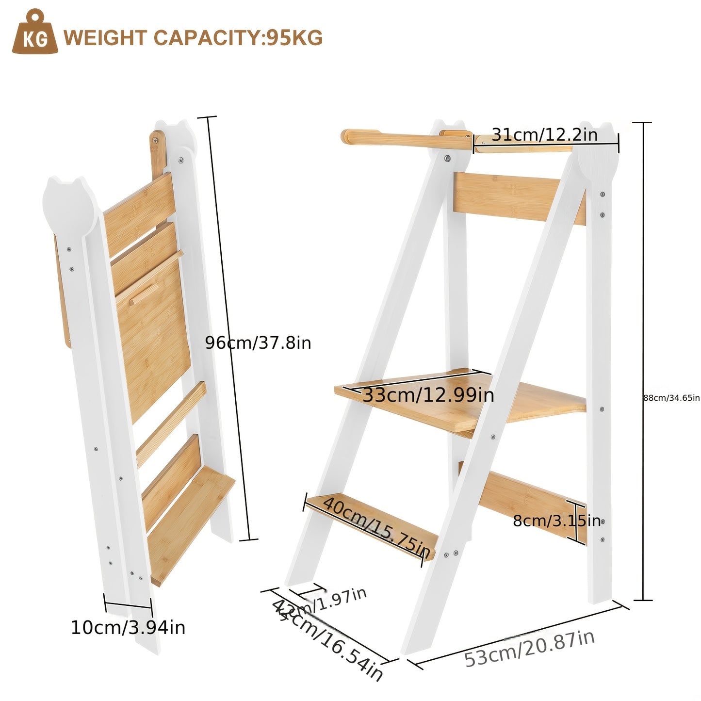 Opstapje – Opstapkrukje – Keukentrapje – Huishoudtrap – Inklapbare Trap – Metalen Frame & Houten Treden – 88 cm Hoog