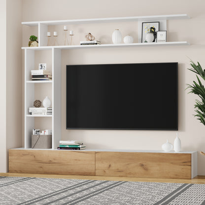 Tv Meubelset – Tv Meubel – Wandmeubel – Mediameubel – Woonkamerkast – Wit en Houtkleurig Spaanplaat – Geschikt Voor Tv’s Tot 80 Inch – Compleet Met Staande En Wandplank