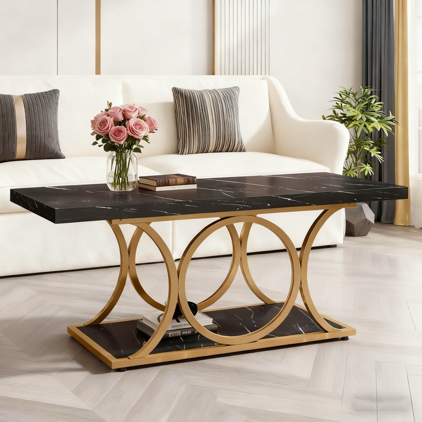 Salontafel – Koffietafel – Woonkamertafel – Bijzettafel – Tafel – Rechthoekig 120 cm – Zwart Faux Marmer Blad – Gouden Metalen Poten – 2 Niveaus Opbergruimte