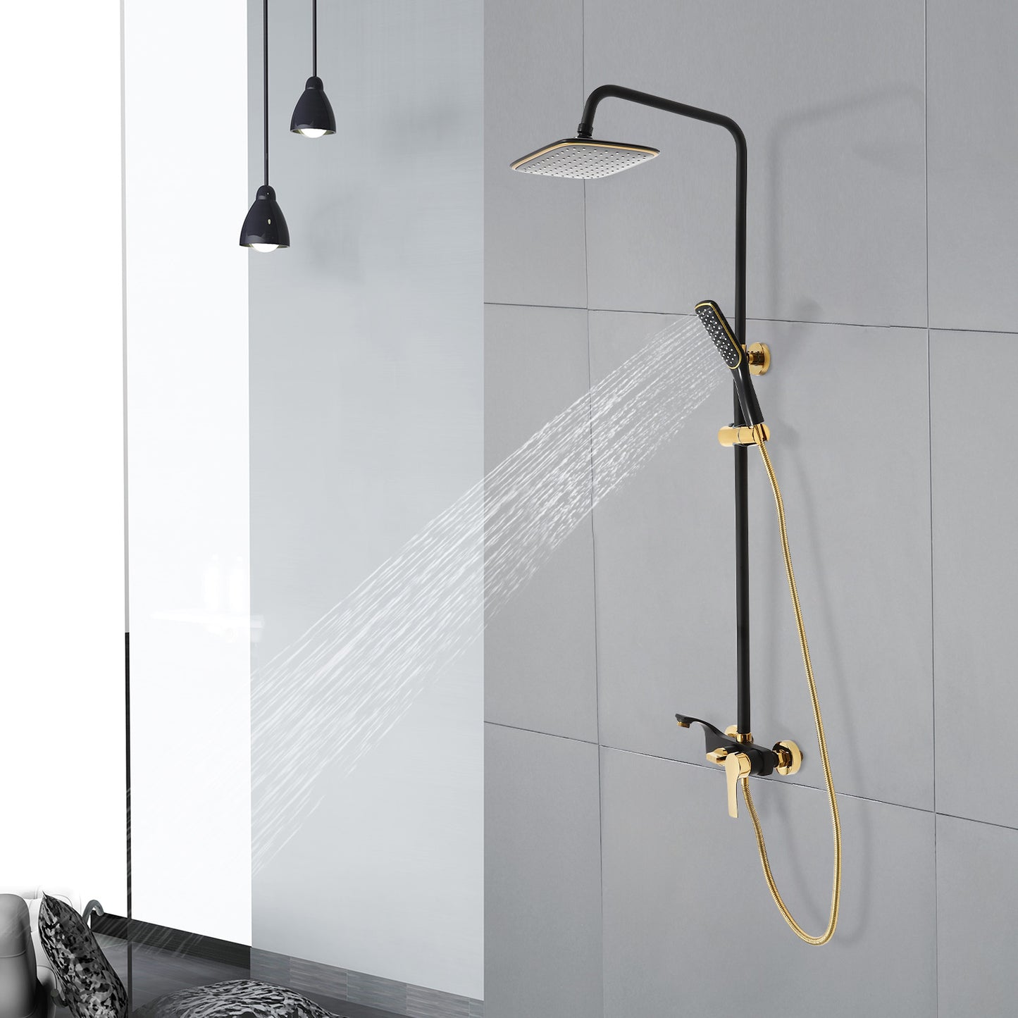 Doucheset – Douchesysteem – Regendouche – Douchepaneel – Douchekraan – Verstelbare Hoogte – Zwart Goud – RVS & Messing – Handdouche & Wandkraan