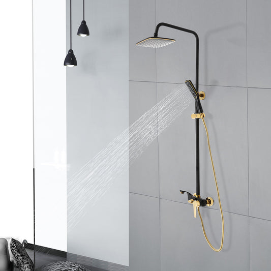 Doucheset – Douchesysteem – Regendouche – Douchepaneel – Douchekraan – Verstelbare Hoogte – Zwart Goud – RVS & Messing – Handdouche & Wandkraan