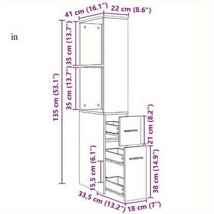 Badkamerkast – Kolomkast – Opbergkast – Badkamermeubel – Smalle Kast – Eiken Multiplex – Voorzien Van Wieltjes