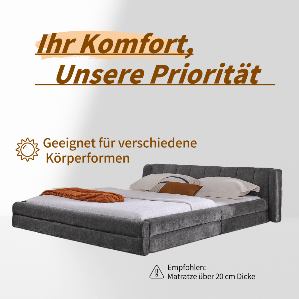Double bed 160×200cm, chenille fabric, comfortable backrest, solid eucalyptus wood and iron frame, easy to assemble, dark grey/beige (mattress not included), Day Bed With Mattress Included, King Size Bed Frame, Bunk Beds Wit