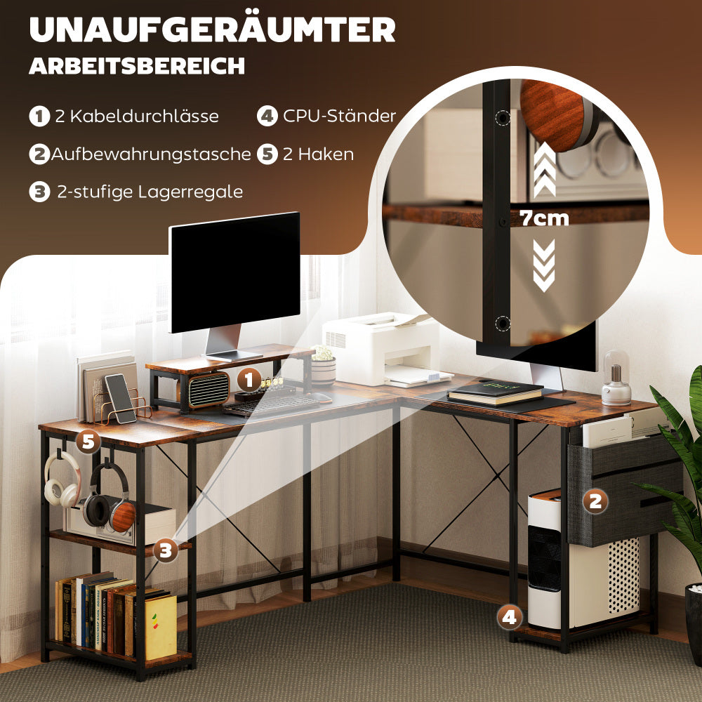 Hoekbureau – L-Vormig Bureau – Werkplek Bureau – Gamingbureau – Bureau Met Opbergruimte – Rustieke Bruine Houtlook – Verstelbare Werkbladlengte Tot 240 cm – Ergonomische Monitorstandaard Voor Schermen Tot 42 Inch