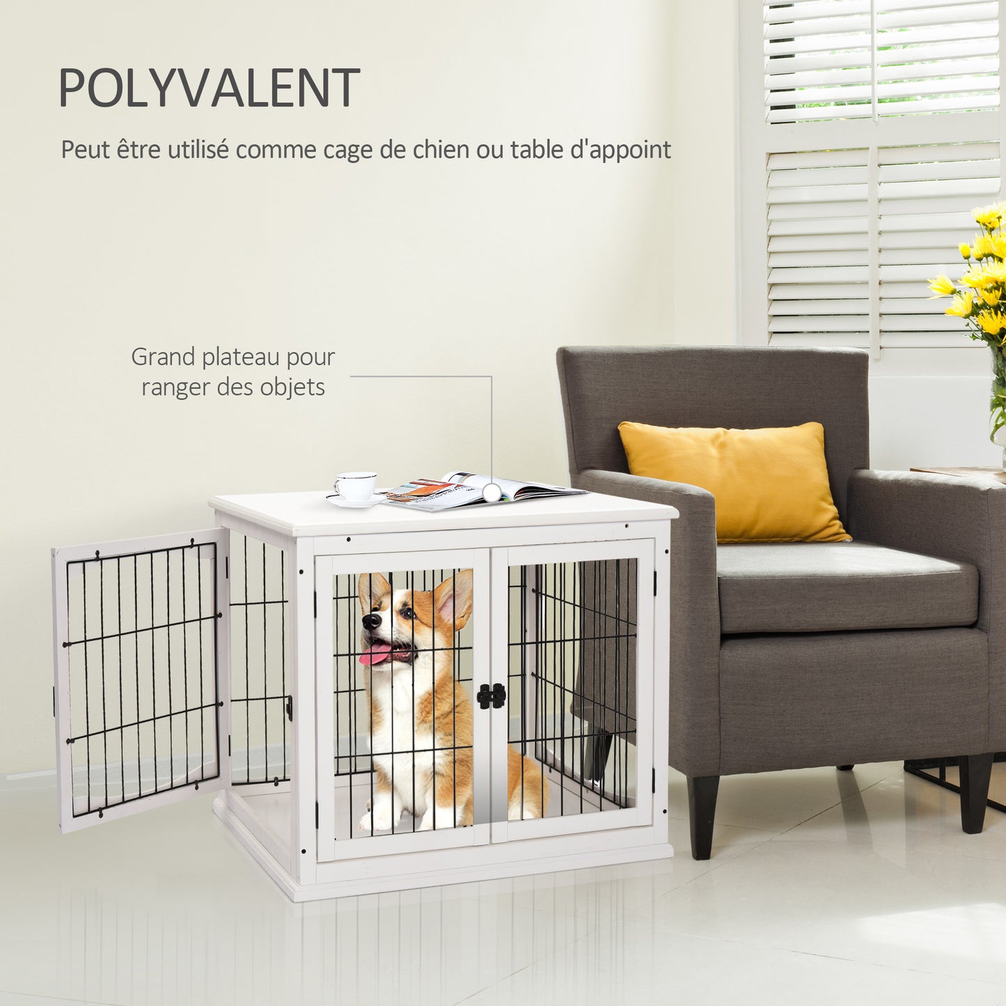 Hondenkennel – Hondenkooi – Hondenhok – Hondenbench – Huisdierkooi – Wit Zwart MDF – 3 Slotbare Deuren – Ruim 81x58x66 cm – Max 30 kg