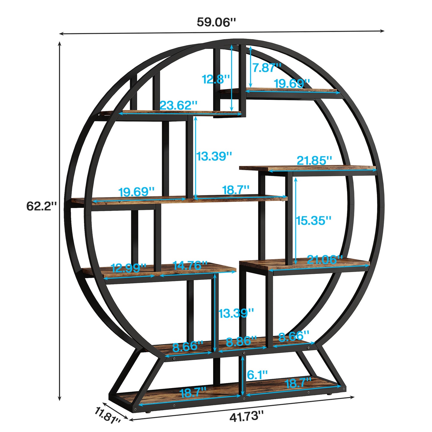 Ronde Boekenkast – Boekenplank – Boekenkast – Opbergkast – Displaykast – Rustic Brown – Ruimtebesparend Circulair Design – Stevige Houten Constructie met Zwart Metaallook