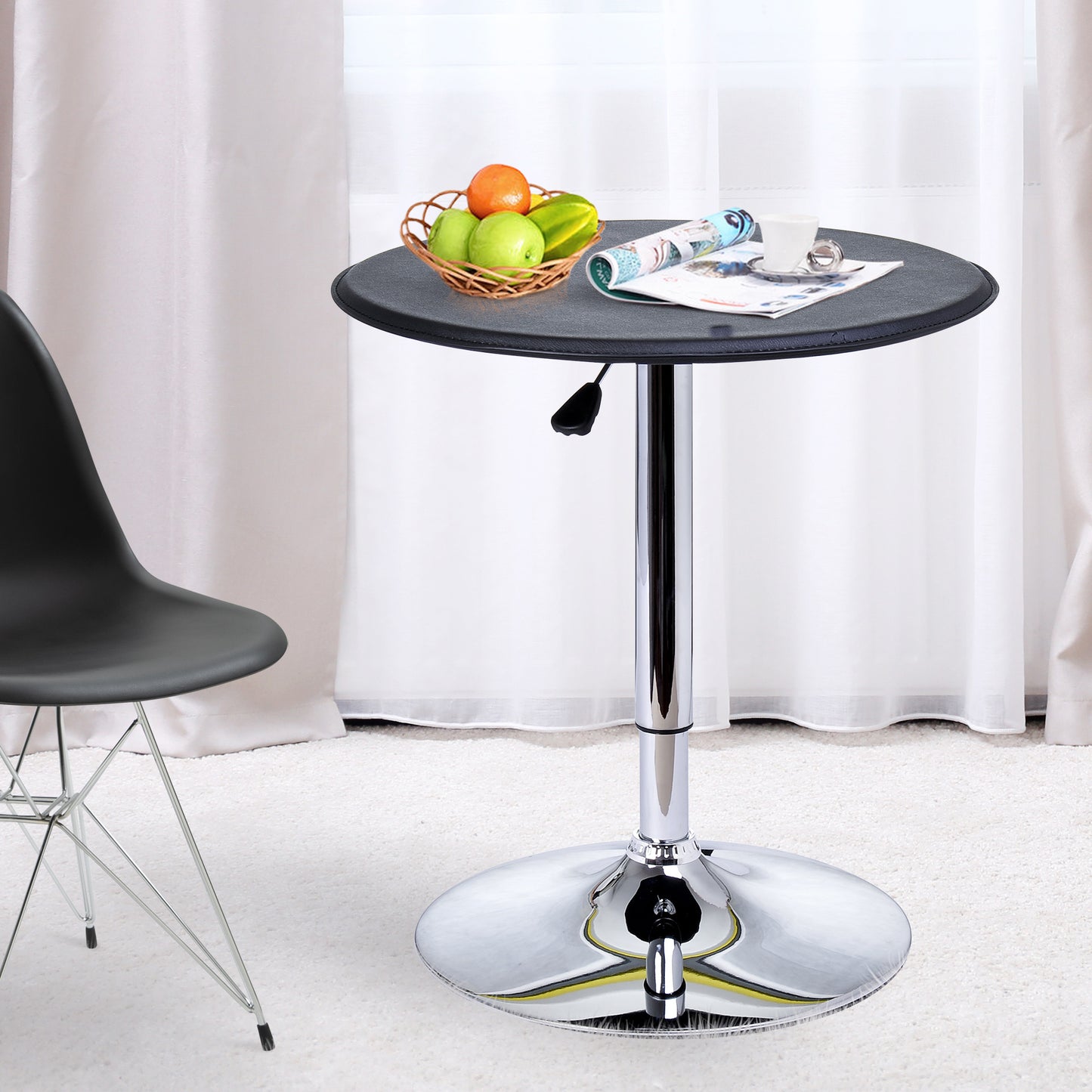 Bartafel – Bar Tafel – Statafel – Hoge Tafel – Bistrotafel – Verstelbare Hoogte – Zwart Kunstleer & Zilver Frame