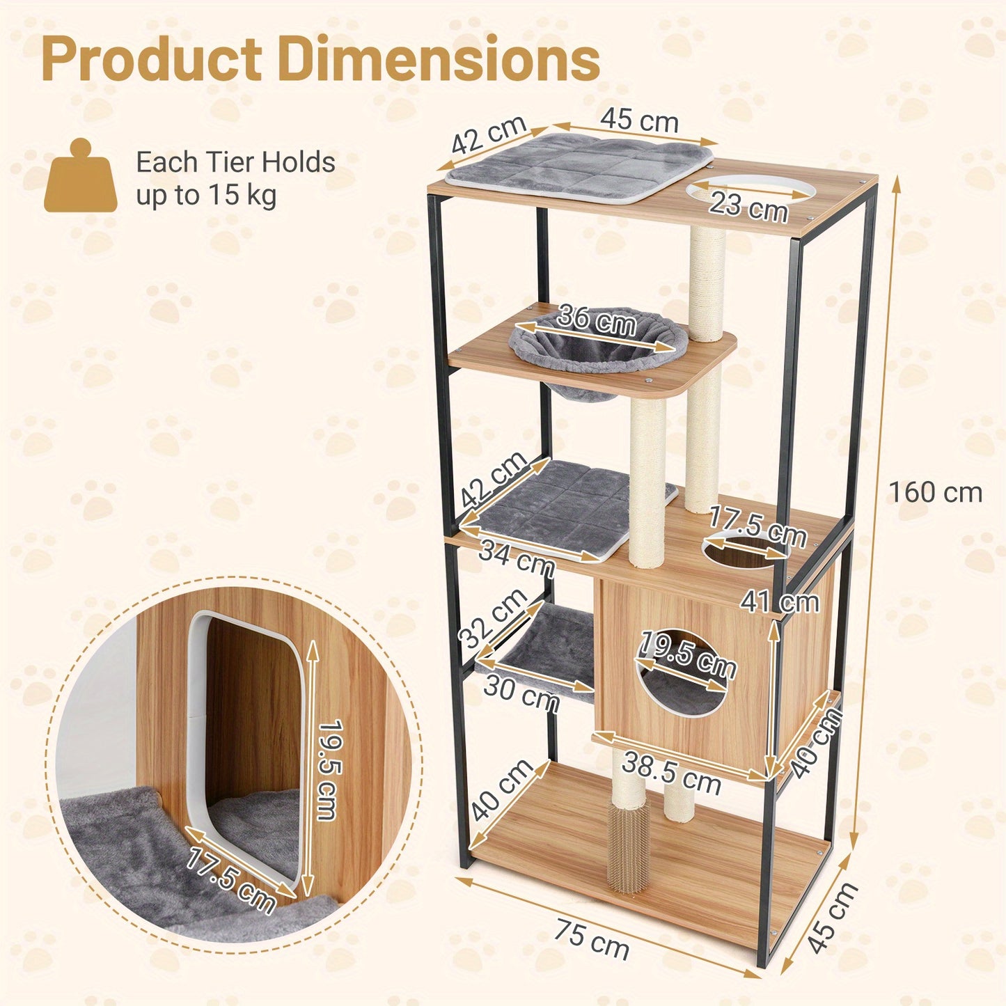 Krabpaal – Kattenpaal – Kattenmeubel – Kattenboom – Klimeiland – 160 cm Hoog – Met Metalen Frame & Ingebouwde Kattenborstel – Natuurlijk Grijs Zwart