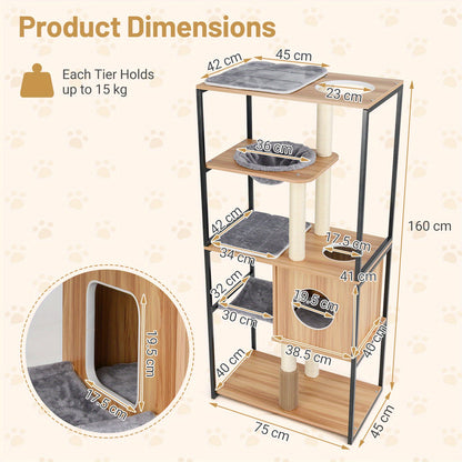 Krabpaal – Kattenpaal – Kattenmeubel – Kattenboom – Klimeiland – 160 cm Hoog – Met Metalen Frame & Ingebouwde Kattenborstel – Natuurlijk Grijs Zwart