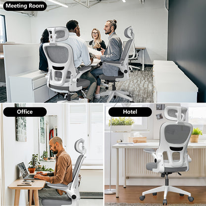 Ergonomische Bureaustoel – Bureaustoel Met Hoofdsteun – Werkstoel – Kantoorstoel – Stoel Voor Bureau – Ademend Mesh – Verstelbare Zithoogte & 360° Draaibaar – Grijs/Wit – Stevig Frame & Comfortabele Sponszitting
