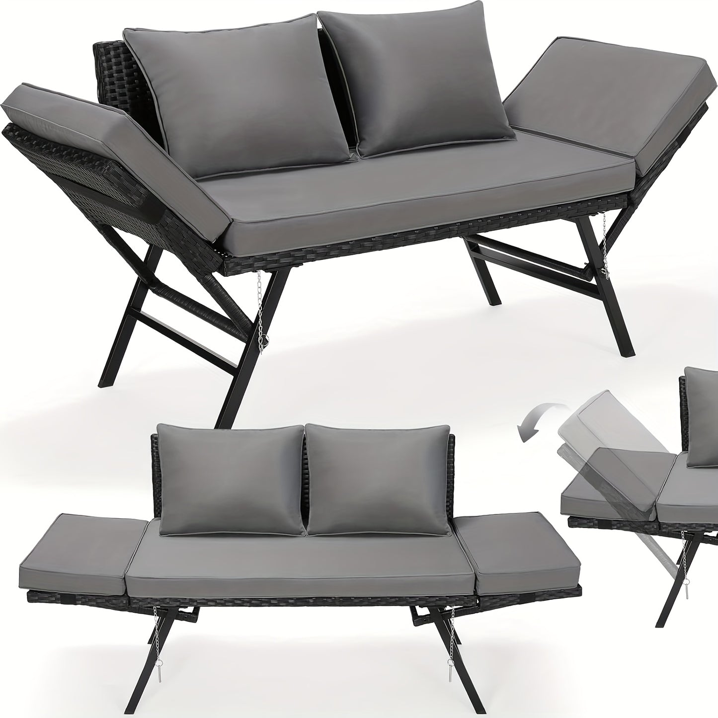 Tuinbank – Tweezitsbank – Loungesofa – Rattanbank – Balkonbank – Verstelbare Rugleuning – Weerbestendig PE Polyrattan – Grijs Rattan + Grijze Mat