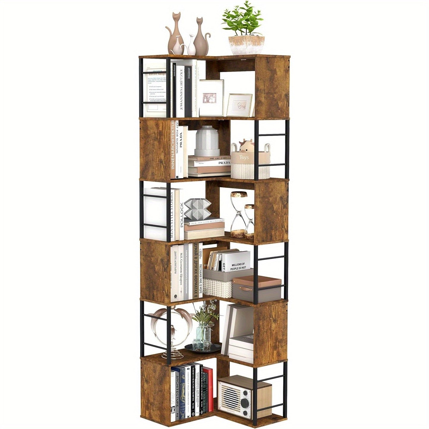 Hoekboekenplank – Hoekrek – Boekenrek – Opbergkast – Boekenkast – Industrieel Design – 7 Lagen – Stalen Frame – 188 cm Hoog – Zwart/Bruin