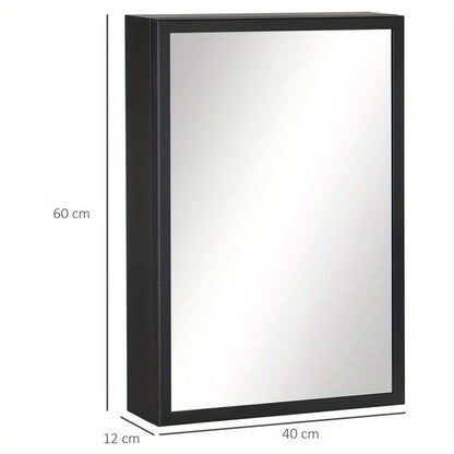 Mirror Cabinet, Bathroom Cabinet, 3 Shelves, Stainless Steel, 40X12X60Cm, Black, Bathroom Storage Cabinet with Shelves And Doors, Multifunctional Storage Unit.