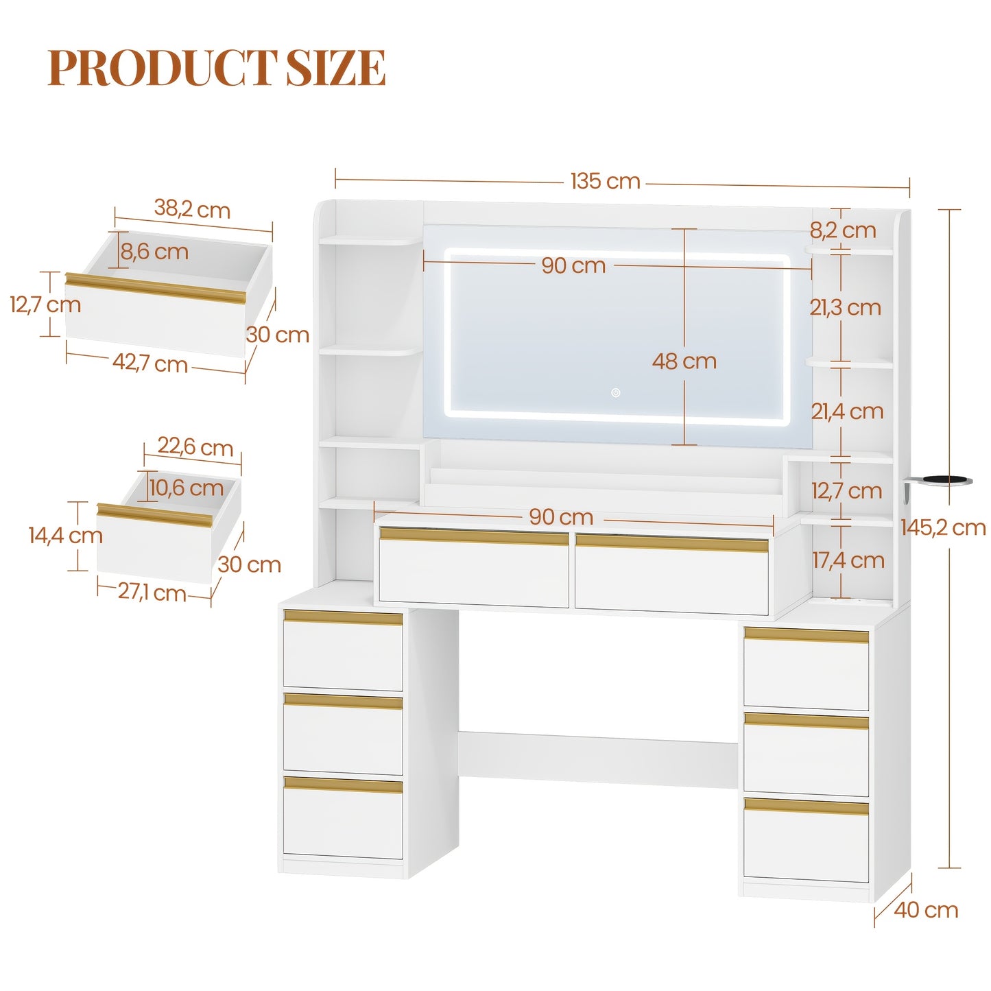 Kaptafel – Make-up Tafel – Toilet Tafel – Schminktisch – Dressing Table – Wit – Modern Design – Groot Spiegel – 8 Lades – Föhnhouder – Compacte Afmetingen 40x135x145 cm