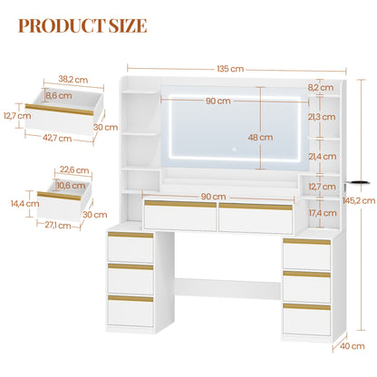Kaptafel – Make-up Tafel – Toilet Tafel – Schminktisch – Dressing Table – Wit – Modern Design – Groot Spiegel – 8 Lades – Föhnhouder – Compacte Afmetingen 40x135x145 cm