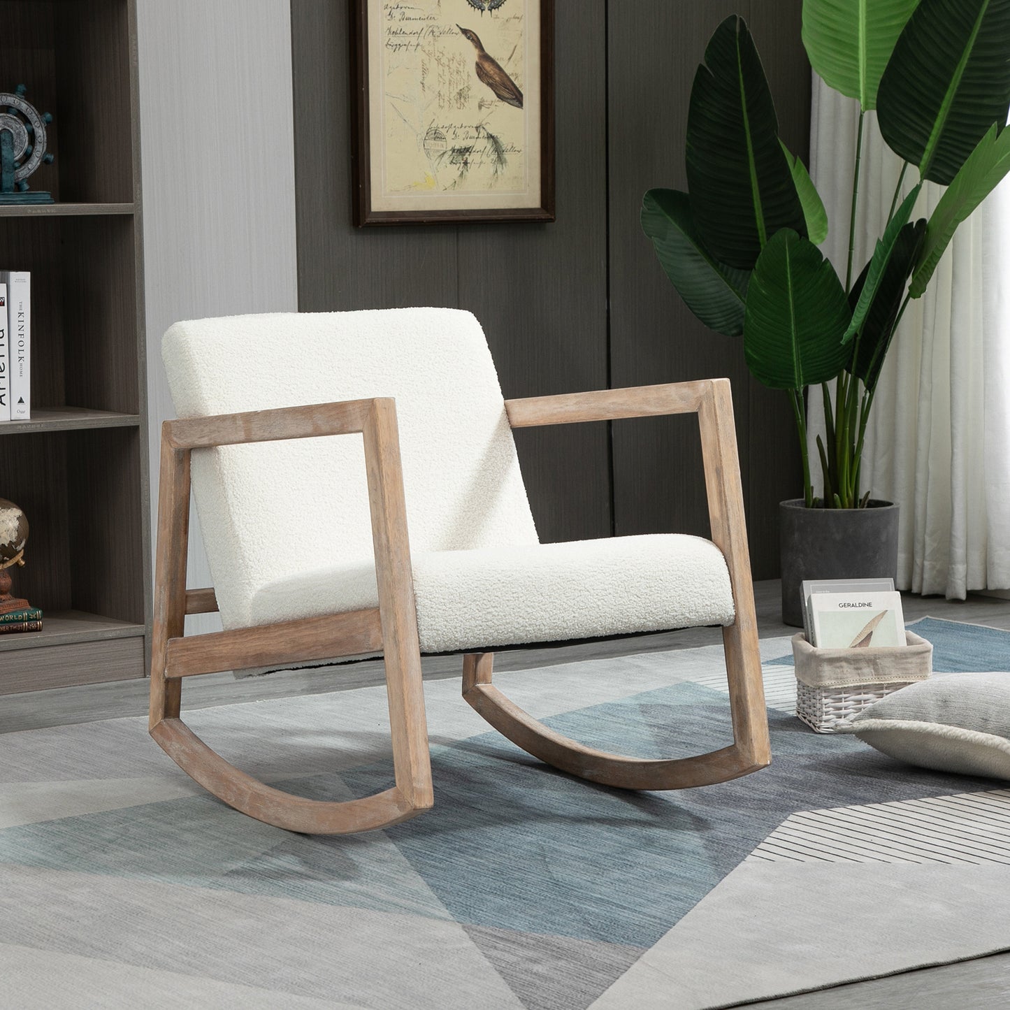 Draaifauteuil – Fauteuil – Lounge Stoel – Relaxstoel – Houten Stoel – Crème Wit – 360° Draaibaar – Robuust Rubberwood Frame