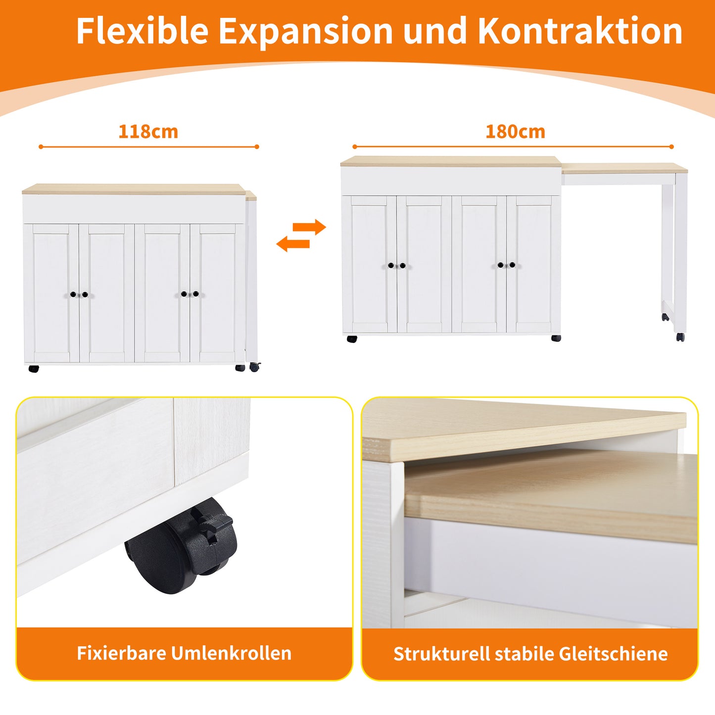 Uittrekbare Bar-/Eettafel – Uitschuiftafel – Keukentafel – Statafel – Werktafel – Met 6 Opbergruimtes – Verstelbaar Tafelblad 118-180 cm – Houtlook Wit