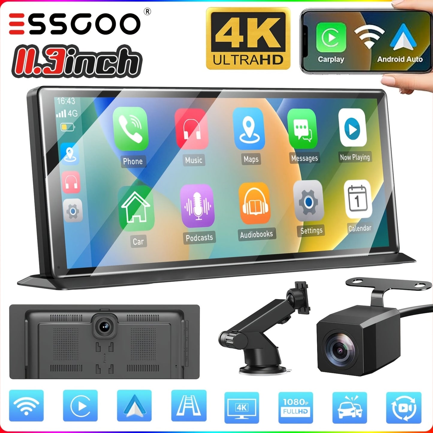 Draadloos CarPlay Systeem – Android Auto Navigatie – Auto Multimedia Speler – Touchscreen Monitor – Dubbele Camera Beveiliging – 11,3 Inch IPS Scherm – 4K Frontcamera & 1080p Achteruitrijcamera