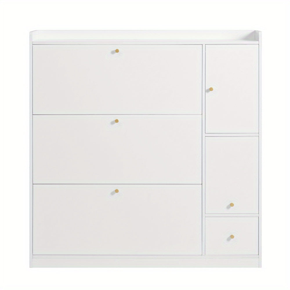 Modern White Multifunctional Tilting Shoe Cabinet with 3-Tier Folding Drawers & Bench - Freestanding Entryway Storage with Space-Saving Design, Space-Saving Shoe Rack, Durable Non-Wood Construction for Hallway, Foyer, Small S