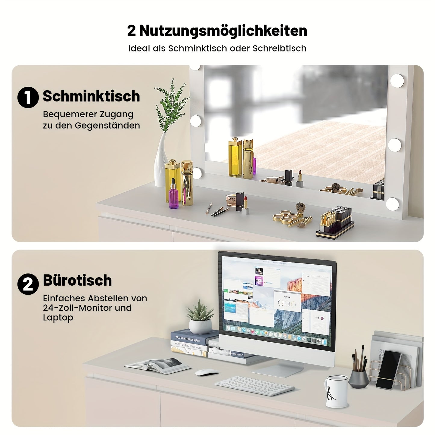 Kehot OYAJIA-GS03 Kaptafel met USB-Verlichting – 6 Laden & Planken, 68,5 cm Hoog – Wit, Moderne Make-up Tafel met 3,2+ Cubic Feet Opbergruimte