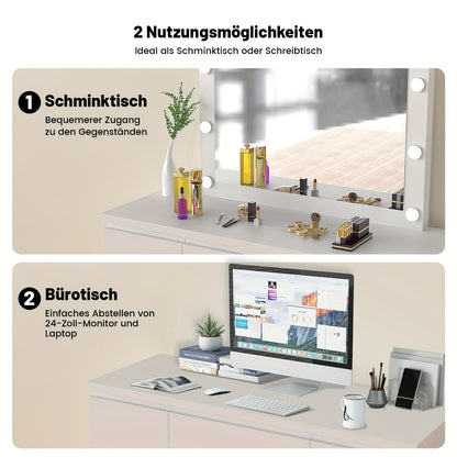 Kehot OYAJIA-GS03 Kaptafel met USB-Verlichting – 6 Laden & Planken, 68,5 cm Hoog – Wit, Moderne Make-up Tafel met 3,2+ Cubic Feet Opbergruimte