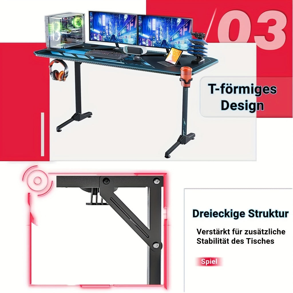 Gaming Bureau – Gaming Tafel – Game Desk – Computerbureau – PC Tafel – 160x75x75 cm – Carbon Fiber Muismat – Bekerhouder en Headsethaak