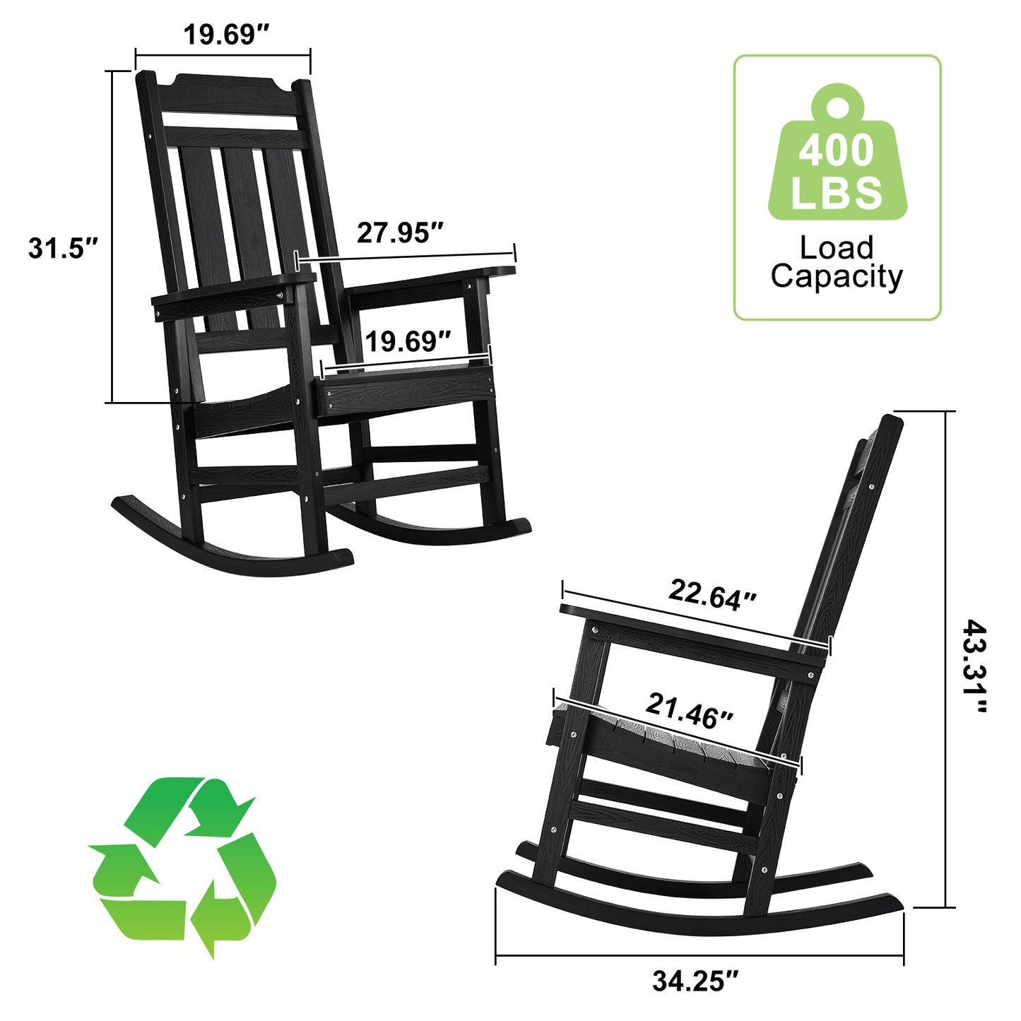 Schommelstoel Buiten – Schommelstoel Tuin – Schommelstoel Veranda – Lounge Stoel Buiten – Houten Design – Weerbestendig HIPS Materiaal – Ergonomische 5° Achteroverhelling – Zwarte Uitvoering