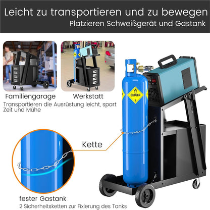 Laswagen – Laswerktrolley – Lasapparatuurwagen – Gereedschapswagen – Gasfleshouder – 4 Laden – Robuust Metalen Frame – Veiligheidskettingen