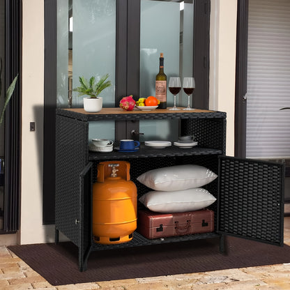 Bartafel Buiten – Barmeubel – Terrastafel – Buitentafel – Opbergkast – Weerbestendig Harsrotan – Afsluitbare Deuren – Stevig IJzeren Frame – Zwart Bruin