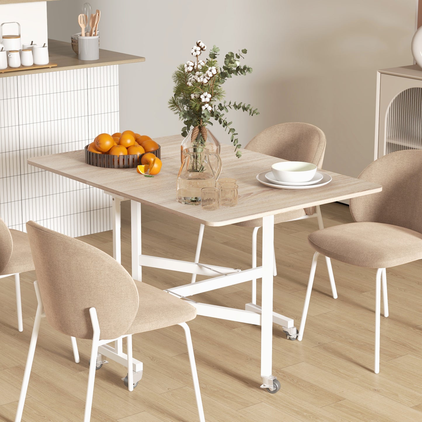 Inklapbare eettafel – opklapbare tafel – vouwtafel – klaptafel – eettafel voor kleine ruimtes – met wieltjes en stalen poten – 120 x 80 x 73 cm – geschikt voor 4-6 personen – eiken decor