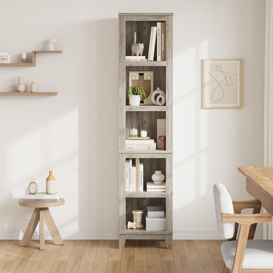 5-Tier Narrow Farmhouse Bookcase Bookshelf - Vintage Style Freestanding Floor Shelf with Sturdy Construction, Space-Saving Vertical Design & Easy Assembly, 68.58cm+ Height, Gray Finish for Home Office, Living Room, Bedroom -