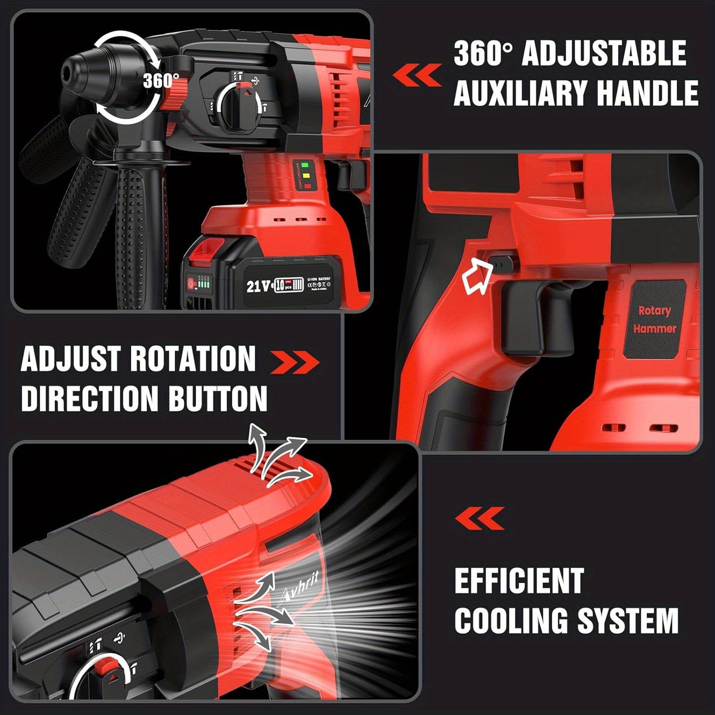 Draadloze Boorhamer – Accuboormachine – Klopboormachine – Brushless Boorhamer – Snoerloze Boormachine – 21V Met 2 Batterijen – 3-in-1 Functie & Krachtige Brushless Motor