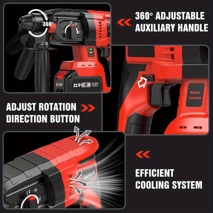 Draadloze Boorhamer – Accuboormachine – Klopboormachine – Brushless Boorhamer – Snoerloze Boormachine – 21V Met 2 Batterijen – 3-in-1 Functie & Krachtige Brushless Motor