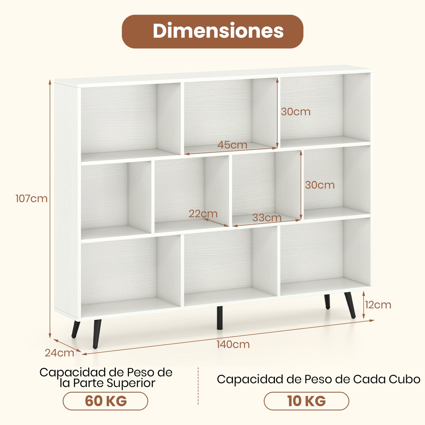 Opbergkast – Boekenkast – Wandkast – Opbergmeubel – Kast Met Vakken – Houten Kast Met 10 Vakken – Schuine Metalen Pootjes – Anti-Kantel Veilig Design – 140x24x107 cm – Duurzaam Hout