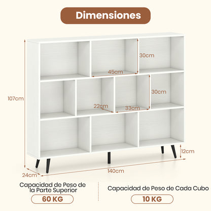 Opbergkast – Boekenkast – Wandkast – Opbergmeubel – Kast Met Vakken – Houten Kast Met 10 Vakken – Schuine Metalen Pootjes – Anti-Kantel Veilig Design – 140x24x107 cm – Duurzaam Hout