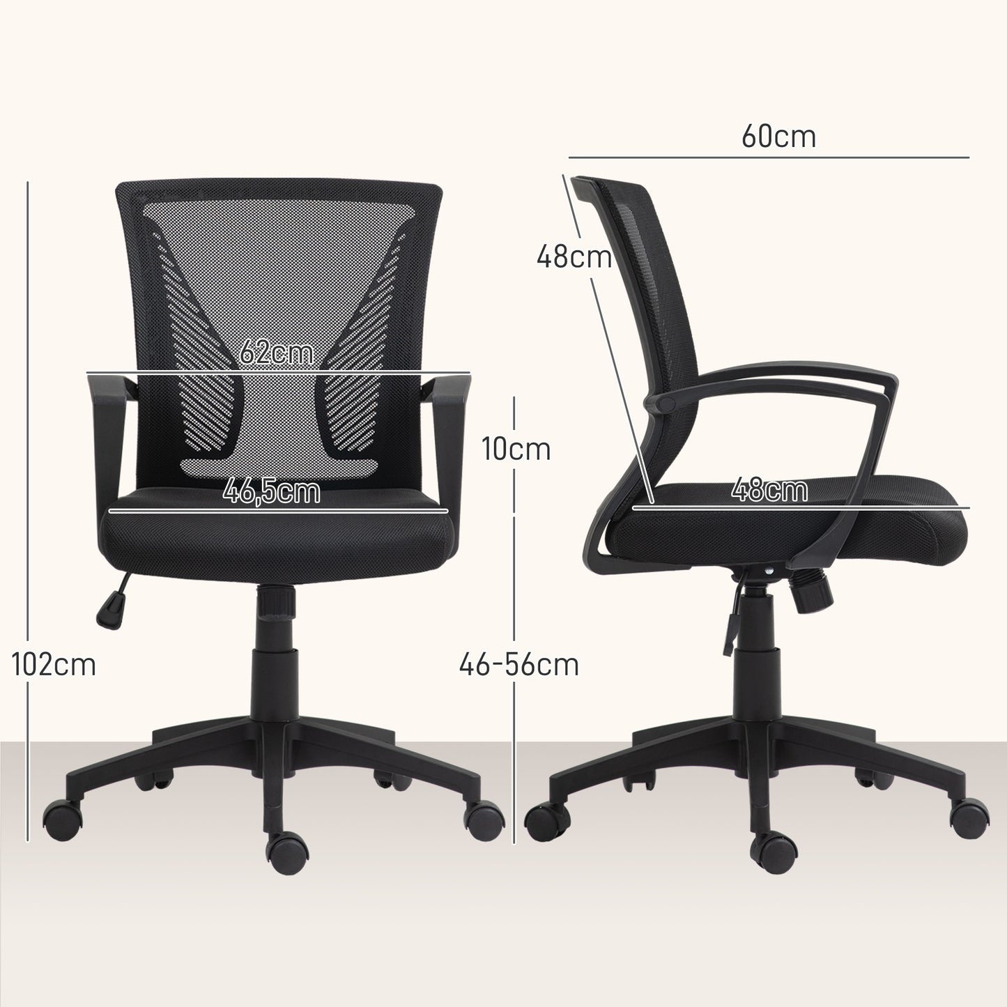 Bureaustoel – Kantoorstoel – Draaistoel – Meshstoel – Werkstoel – Ademend Mesh Rugleuning – Verstelbare Hoogte 92-102 cm – Max. 120 kg – Zwart