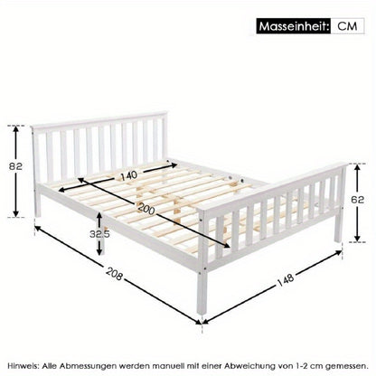 Tweepersoonsbed Wit Vurenhout – Bedframe – Houten Bed – Slaapbank – Bed Met Lattenbodem – 140x200 cm – Massief Hout
