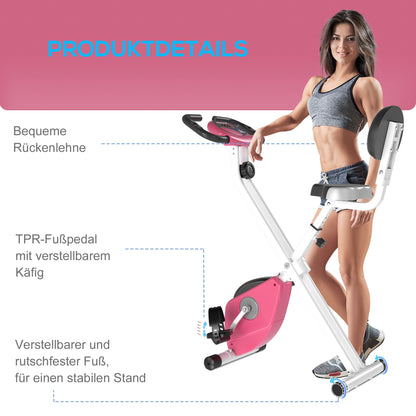 Hometrainer – Fitnessfiets – Ergometer – Trapkracht Trainer – Indoor Bike – 8-traps Magnetische Weerstand – Verstelbaar Zitje en Rugleuning – Roze/Wit – Stalen Frame – Compact Opvouwbaar